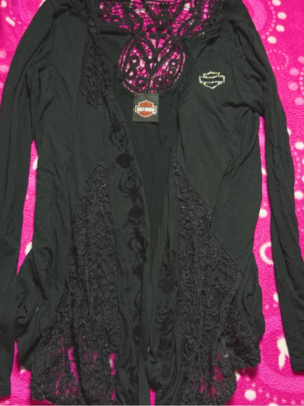 Harley Davidson Black Rhinestone Lace Lightweight Cardigan - Picture 2 of 7